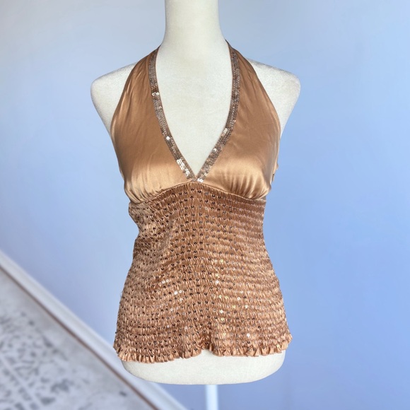 Y2K Bebe Silk Halter Top in Mocha Frost, Sequin Neckline with Smocked Waist - Picture 1 of 5